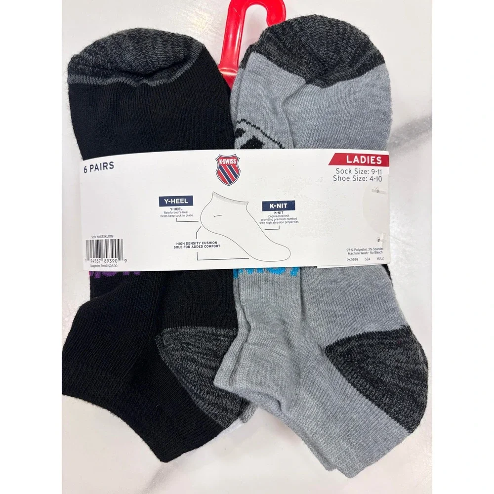K-Swiss Ladies Socks 6 Pair Pack White Grey Black Shoe Size 4-10